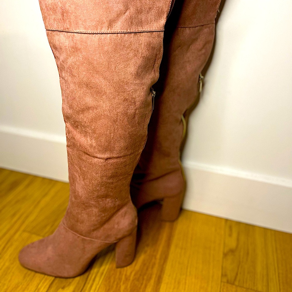 Dusty pink knee high heeled boots